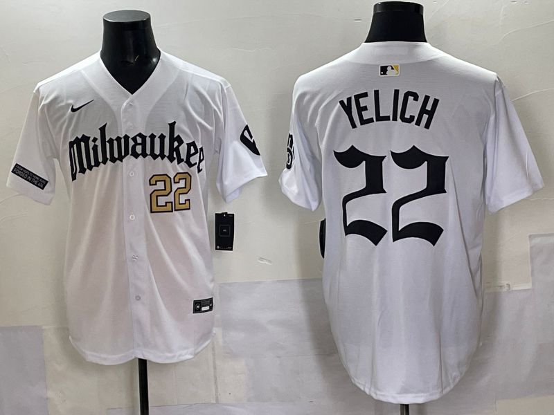 Men 2025 Milwaukee Brewers #22 Yelich White Five generations Joint Name Nike MLB Jersey style 08